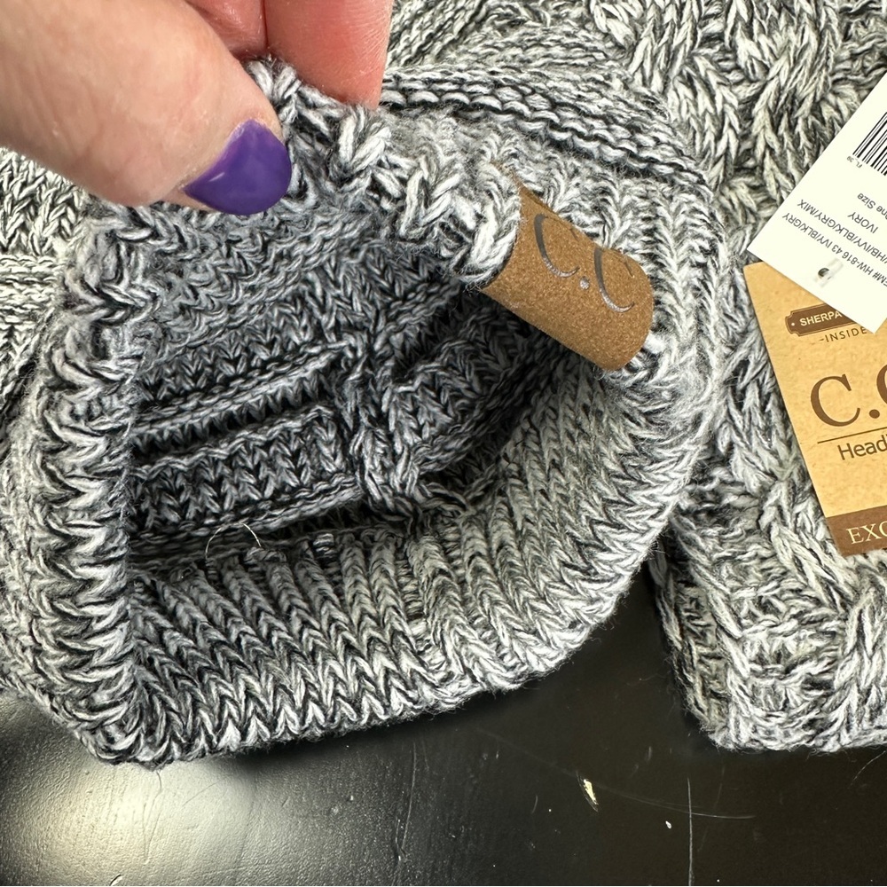 NWT C.C Knit Hat and Headband Set Pom Fleece-Lined Headband Black White Heather - Picture 3 of 5
